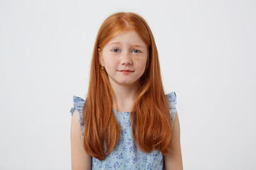 portrait of little offended freckles red-haired girl with two tails, malcontent looks awey, wears in
