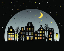Night City Skyline. View Of Amsterdam Houses. Stylized Facades Of Buildings In Old European Style. Silhouette At Twilight. Urban Landscape. Flat Vector Illustration With Typical Dutch Fashion.