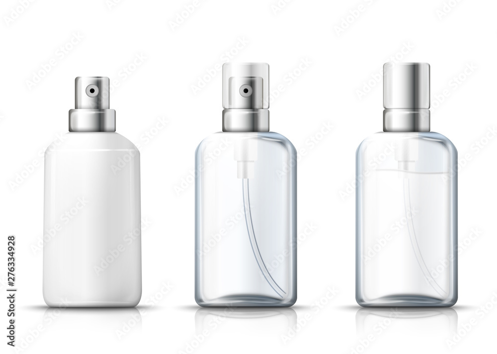 Vector set - 3d realistic spray bottles with silver and plastic caps ...