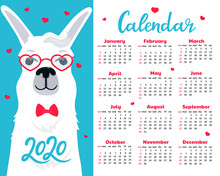 Calendar For 2020 From Sunday To Saturday. Cute Llama In Glasses And Bow Tie. Alpaca In Love Cartoon Character. Valentine's Day. Funny Animal.
