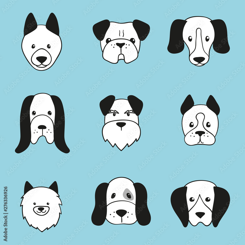 Hand drawn dog head icons. Vector set of cartoon dogs faces. Stock ...
