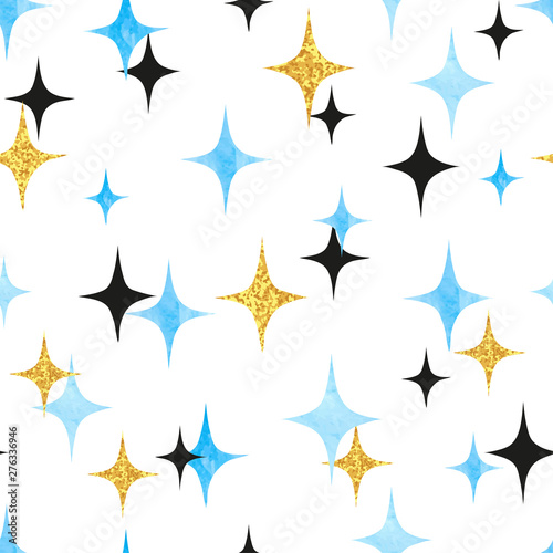 Seamless starburst pattern. Vector abstract blue and golden stars background