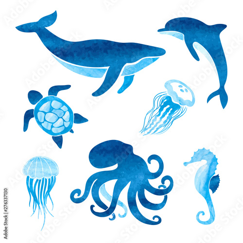 Watercolor sea animals set. Vector marine illustration of whale, dolphin, oct...