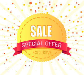 Wall Mural - Exclusive sale special offer round golden label with red ribbon on background of confetti dots. Vector circle tag with price off info, advertisement offer