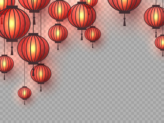 Wall Mural - 3d Chinese hanging lanterns with glowing lights. Decorative paper cut elements for Chinese New Year, festivals or holiday background. Isolated on transparent. Vector illustration.