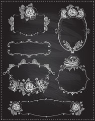 Wall Mural - hand drawn graphic floral frames with roses on a chalkboard