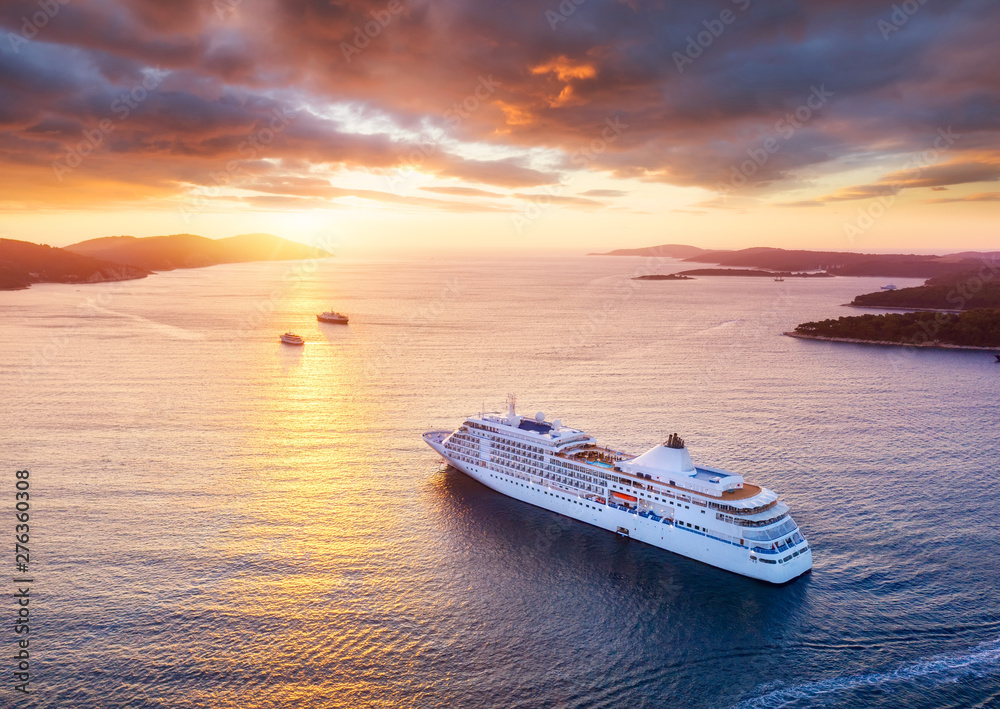 Croatia. Aerial view at the cruise ship during sunset. Adventure and travel.  Landscape with cruise liner on Adriatic sea. Luxury cruise. Travel - image - obrazy, fototapety, plakaty 