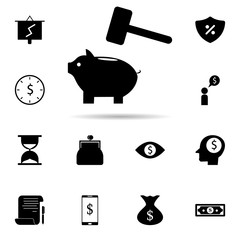 Poster - money pig and hammer icon. Universal set of banking for website design and development, app development