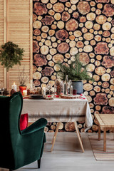 Wall Mural - green velvet armchair in real photo of living room