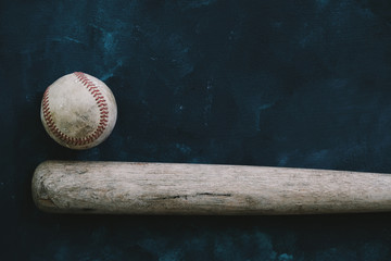 Poster - Baseball background with old wooden bat and ball, copy space for sports concept.