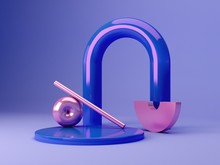 Abstract Scene 3d Rendering.  Blue Arch With Pink Metallic Primitive Shapes In Blue Background, Cylinder Podium. Minimal Concept. Summer Product Presentation. Abstract Geometric Background. 
