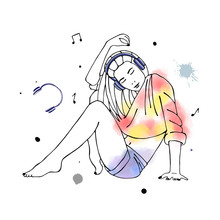Vector Hand Drawn Graphic Illustration Of Cute Watercolor Girl, Headphones, Blots, Drops. Black And White Silhouette Of Beautiful Woman In Free Seat Pose, Listen Music. Sketch Drawing, Doodle Style.