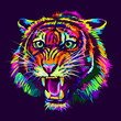 Growling Tiger. Abstract, multicolored portrait of a snarling neon tiger on a dark purple background.