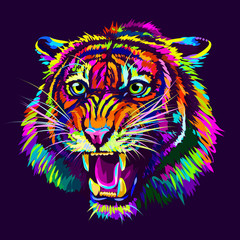 Wall Mural - growling tiger. abstract, multicolored portrait of a snarling neon tiger on a dark purple background
