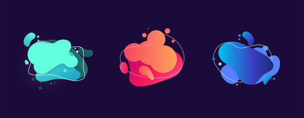 Fototapete - Abstract flux shape set. Cyan, blue, orange, red blobs isolated on dark background. Wavy lines, flowing liquid. Vector template for banners, posters, presentation slides