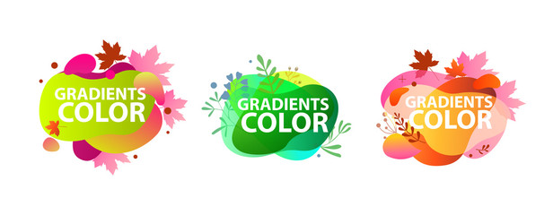 Wall Mural - Liquid colorful abstract elements set. Dynamical colored forms and lines. Flowing liquid shapes banners with leaves. Template for design of logo, flyer, presentation, vector illustration