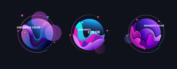 Fototapete - Round abstract design elements set on black backdrop. Dynamical colored forms and lines. Flowing liquid shapes banners. Template for design of logo, flyer, presentation, vector illustration