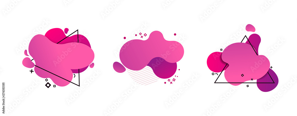 Set of abstract modern magenta graphic elements. Dynamic colored forms and triangle frames. Gradient abstract banners with flowing liquid shapes. Template for logo, flyer, presentation design. Vector - obrazy, fototapety, plakaty 