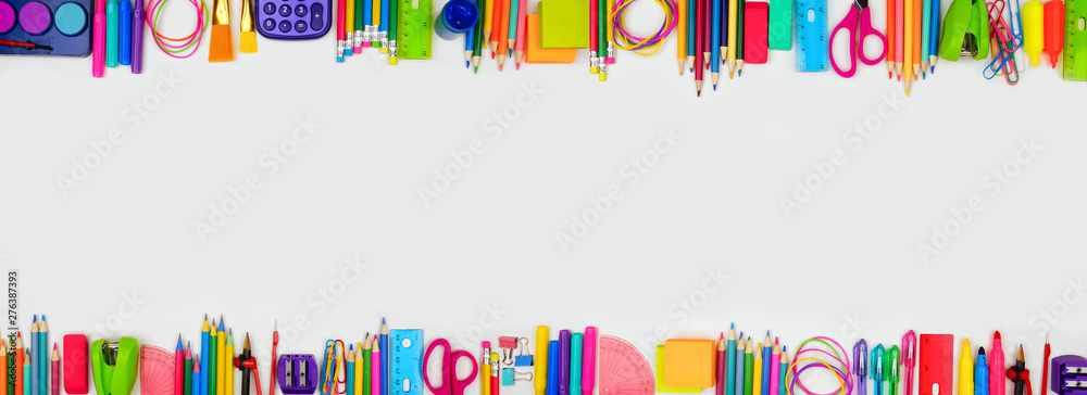 School supplies double border banner. Top view on a white background with copy space. Back to school concept. - obrazy, fototapety, plakaty 