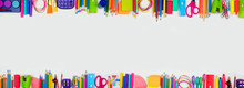 School Supplies Double Border Banner. Top View On A White Background With Copy Space. Back To School Concept.
