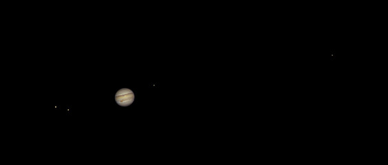 Wall Mural - the gas planet jupiter with the great red spot and its four galilean moons io, europa, ganymede, and