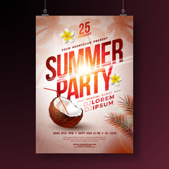 Sticker - Vector Summer Party Flyer Design with Flower, Coconut and Tropical Palm Trees on Shiny Sunset Background. Summer Holiday Illustration with Exotic Plants and Typography Letter for Banner, Flyer