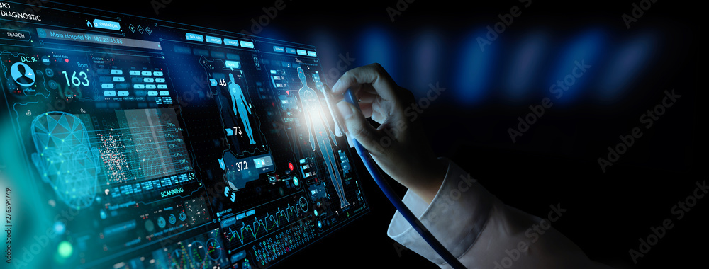 Medicine doctor and stethoscope in hand touching Ui and icon future of medical technology. - obrazy, fototapety, plakaty 