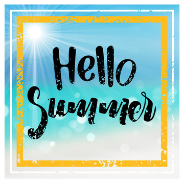 Hello Summer with Blurred Tropical Beach and Bokeh Effects and Decorative Frames - Colored Illustration, Vector