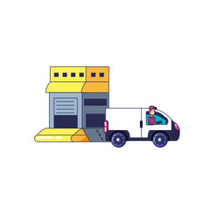 Canvas Print - worker delivery with van vehicle and warehouse building