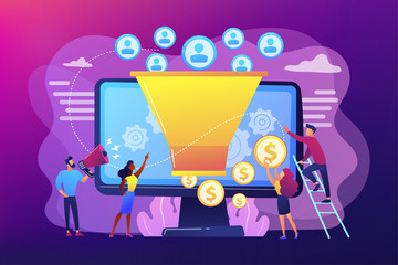 Poster - Monetization tips. Increasing conversion rates strategy. Attracting followers. Generating new leads, identify your customers, SMM strategies concept. Bright vibrant violet vector isolated illustration