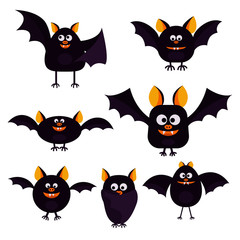 Sticker - Set of cartoon Halloween black bats in different pose and shapes. Design for Halloween party decoration. Vector illustration in flat style. Illustration isolated on white background.