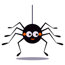 Cute Smiling Black Spider Hanging On A String Of Cobwebs Icon Isolated On White Background. Animal Character For The Elements Of Designs To Celebrate Halloween Party. Flat Design Vector Illustration.