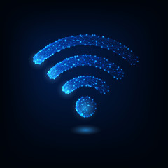 Wall Mural - Futuristic glowing low polygonal wifi symbol isolated on dark blue background.