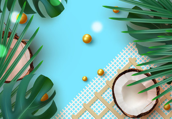 Wall Mural - summer tropical background. various fruits, green leaves, palm branches, realistic coconut open. bor