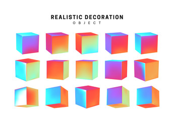 Poster - cube collection. set of geometric 3d objects isolated on white background. Gradient hologram color shades. Realistic elements vector