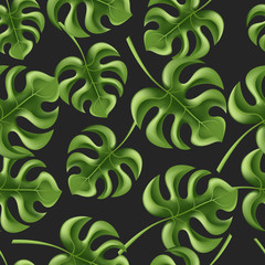 Wall Mural - Green leaves monstera tropical plant on black background seamless pattern for print