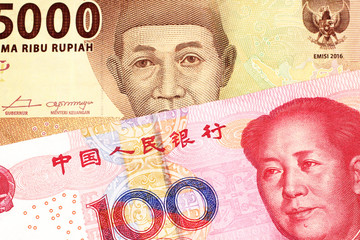 An orange five thousand Indonesian rupiah bank note with a red, one hundred Chinese yuan 