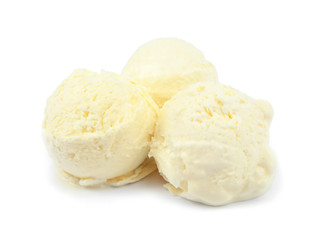 Wall Mural - Balls of delicious vanilla ice cream on white background