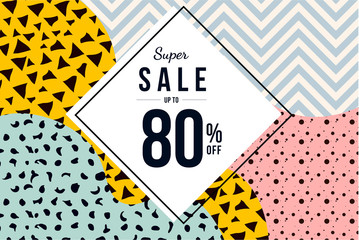 Poster - Abstract memphis Super Sale banner. Geometric pattern with promo.