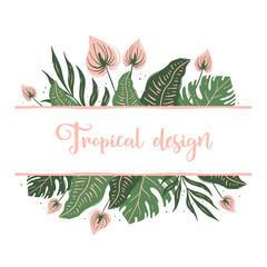 Wall Mural - Template for greeting card with tropical leaves and flowers