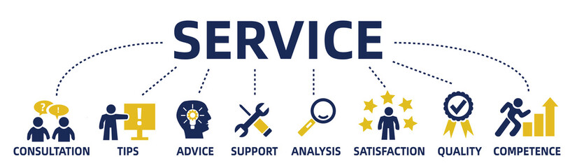 seervice concept chart. web banner with icons and keywords.