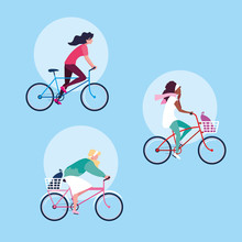Group Of Young Women Riding Bike Avatar Character