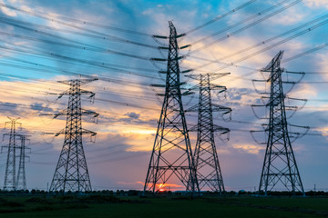 High voltage post,High voltage tower sky sunset background