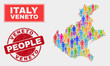 Demographic Veneto region map abstraction. People bright mosaic Veneto region map of humans, and red rounded unclean watermark. Vector collage for nation public representation.