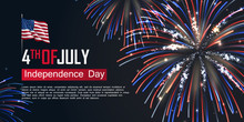 Fourth Of July Happy Independence Day Horizontal Banner. USA Day Celebration Flyer With Realistic Dazzling Display Of Fireworks. National Patriotic And Political Holiday Poster Vector Illustration.