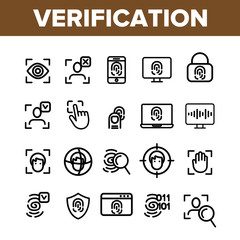 Wall Mural - Verification of ID Vector Thin Line Icons Set. Verification, Biometric Data Encryption Linear Pictograms. Person Identification, Fingerprint Check, Facial Features Scanning Contour Illustrations