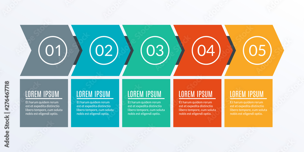 5 steps business process. Timeline infographic with arrows and 5 elements, options or levels for flowchart, presentation, layout, progress chart, workflow. Vector illustration. - obrazy, fototapety, plakaty 