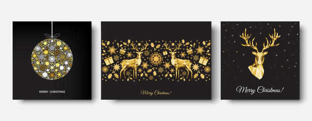 Christmas  golden  decoration  with  Xmas  reindeer, gifts,  snowflakes.