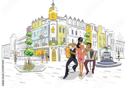 Series of colorful street views with fashion people in the old city near the ...