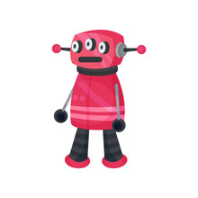 Cute Pink Robot With Two Legs And Arms. Vector Illustration On White Background.